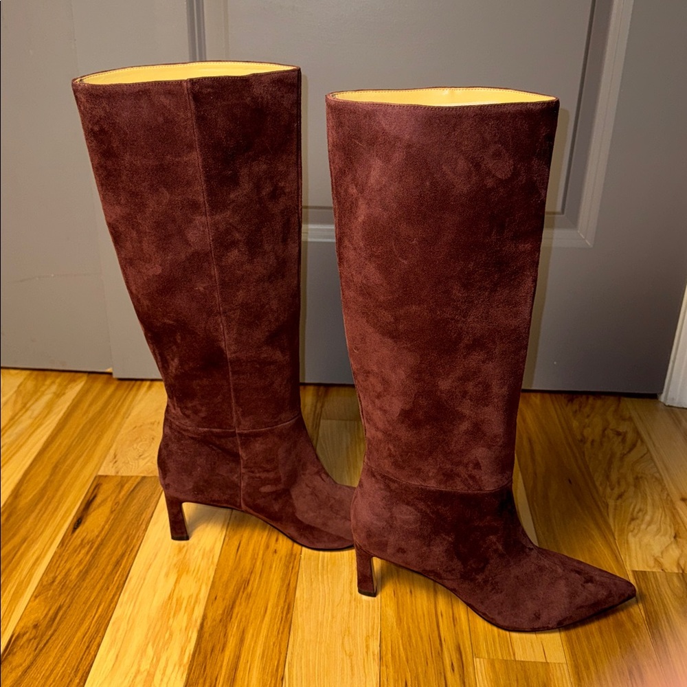 Nine West Knee High Boots Burgundy Suede Pointed Toe Heel Boots - Picture 4 of 11